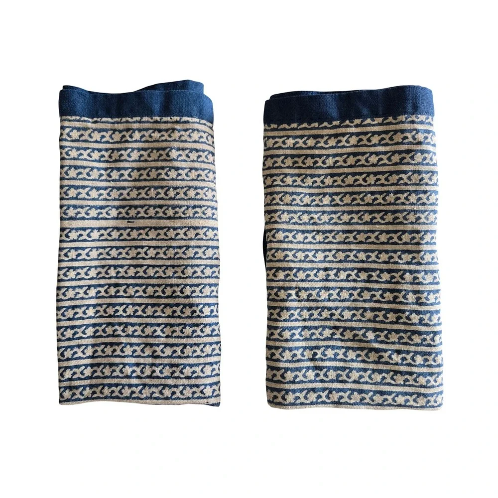 West Elm Marlowe Blue Beige Floral Striped 100% Linen Napkins Set of 2 20x20